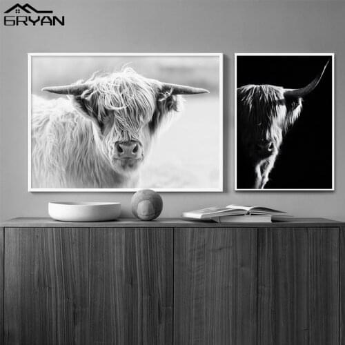 Black and White Animals Pictures Wall Art Nodic Canvas Print Paintings Cattle Cow Scandinavian Poster Home Decor for Living Room