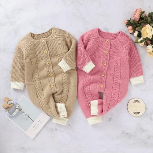 New Kids Newborn Girls Casual Rompers Boys Autumn Winter Long Sleeve Solid Sweater Warm Button Tops Thick Wear 2020 0-24 Months