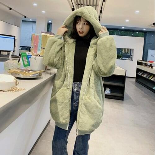 Long Coat Women 2020 New Solid Hooded Faux Rabbit Fur Jacket Warm Thick Fashion Loose Plush Ladies Coat Winter Coat Women Jacket