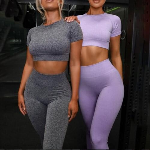 2 Piece Set Women Seamless Set Women Yoga Sets Short Sleeve Crop Top High Waisted Sports Pants Gym Clothing Jogging Suits