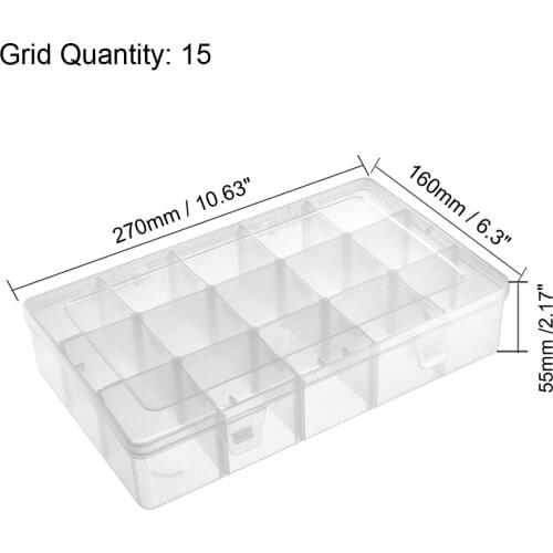 Uxcell Component Storage Box - PP Adjustable 15 Grids Electronic Component Containers Tool Boxes Clear White 270x160x55mm