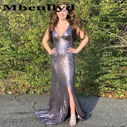 Mbcullyd Sequined Mermaid Prom Dresses Long 2020 Sexy Side Split Evening Party Gowns Formal Plus Size Robe De Soiree