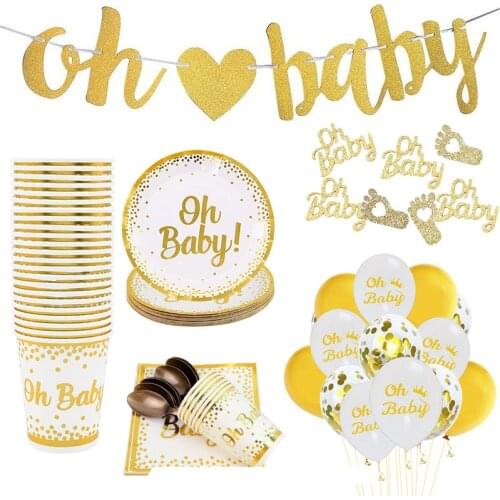 1-15pcs/set Baby Shower Decorations Gold Oh Baby Disposable Plate Cup Napkins Balloons Set Baby Boy Girl Event Party Supplies
