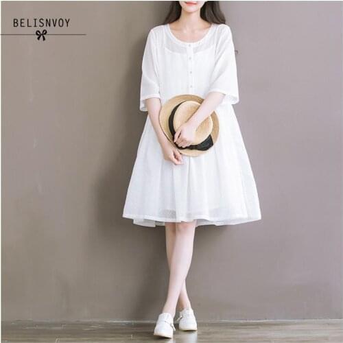 New Japanese Mori Girl Summer Women Fairy Dress White Polka Dot 2 Pieces Loose Dress Elegant Cute Kawaii Cotton Linen Chic Dress