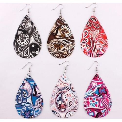Paisley Pattern Leather Teardrop Dangle Drop Earrings for Women