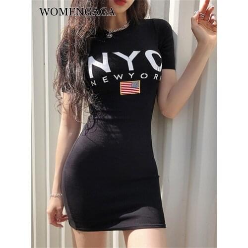 WOMENGAGA Sexy Feminine Simple Letter Sports Workout T Shirt Dress Stretch Sexy Body Skinny Hip Dresses Sexy Korean 6Y7T