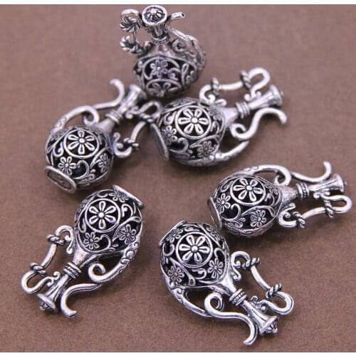 3PCS Flower Wine Pot Hollow Bottle Flagon Tibetan Silver Tone Charms Pendants Vintage Style Accessories 36*20*15mm