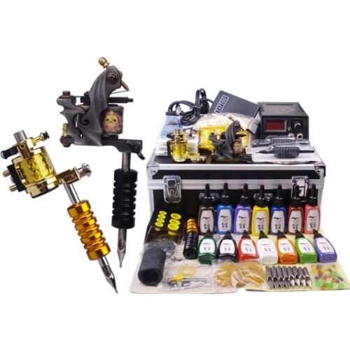 Complete Tattoo Kit 2 Gun ROTARY Machine 14 Colors Ink Needles Power Supply Grip Practice Skin Set with Carrying Case