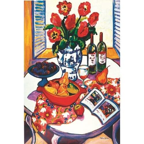 Canvas prints Impression art picture painted dining table with book wine fruits and flowers Modern decorative painting