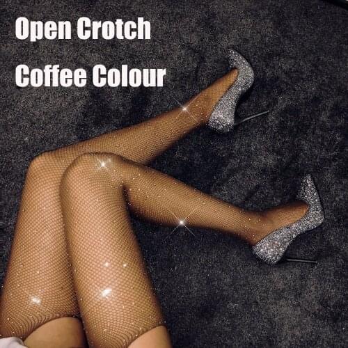 Sexy Rhinestone Mesh Fishnet Pantyhose Women Tights Open Crotch Tights With Crystals Shiny Plus Size Party Club Hosiery SW071