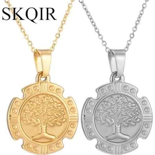 SKQIR Tree of life Pendant Necklace Stainless Steel Roman Numeral Plant Charm Chain Necklace Women Men Nameplate Jewelr Gift