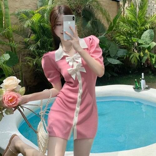 Bow Knitted Pink Mini-Dress for Women Puff Sleeve Summer Sweet Style Cardigans Bodycon Dresses Fashion Female Clothing New