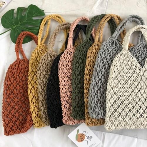 Womens Hollow Woven Bag Forest Grass Holiday Handmade Cotton Rope Mesh Beach shopping Handbag