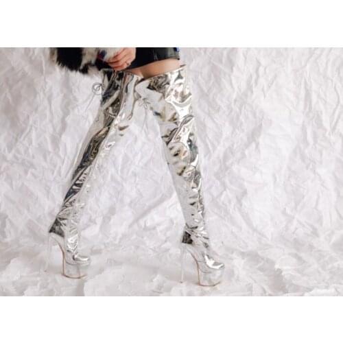 Sestito 2019 Women Sexy PU Patent Leather Round Toe Thigh High Boots Ladies High Platform Over-the-knee Boots Girls High Heels