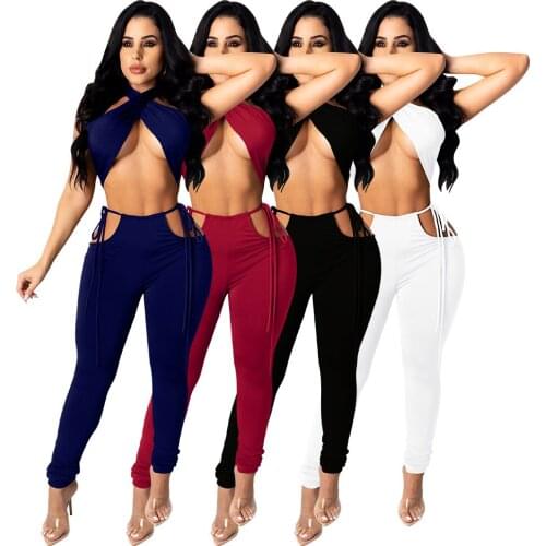 Echoine Summer Halter Lace Up Crop Top Sexy Legging Pants Club Outfits Ladies Party Matching Set Two Piece Set Streetwear New