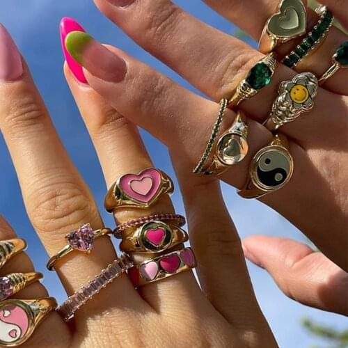 Colorful Heart Y2K Ring Set Open Cooper Rings For Women Candy Color Hand-painted Knuckle Rings Jewelry