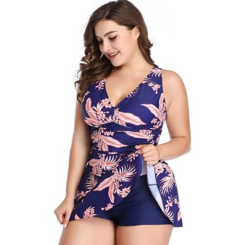 Plus Size SwimDress Women Tummy Control Swimwear One-Piece Push Up Padded Swimming Skirt With Boy Short Large Size Swimsuit