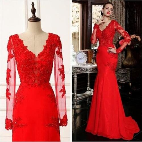 Vestidos de festa Elegant Long Evening Gown China Transparent Custom Made Beads Mermaid Red Dresses Long Sleeves