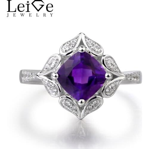 Leige Jewelry February Birthstone Ring Natural Amethyst Ring Solid 925 Sterling Silver Purple Gemstone Fine Jewelry for Women