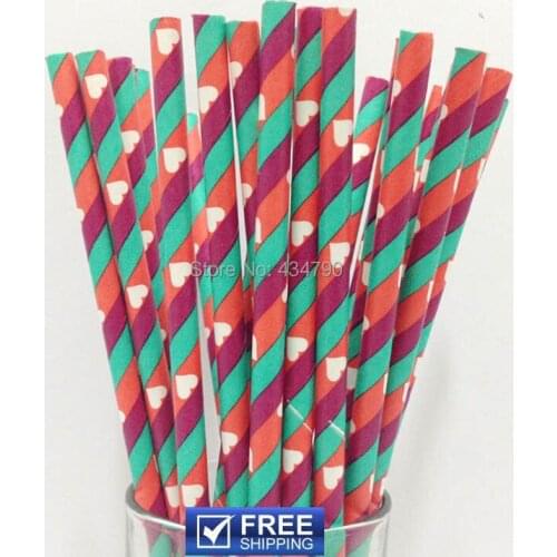 200pcs Valentines Day Hearts & Stripes Paper Straws Red Aqua,Birthday Party Wedding Baby Shower White Cake Pop Sticks Girl Love