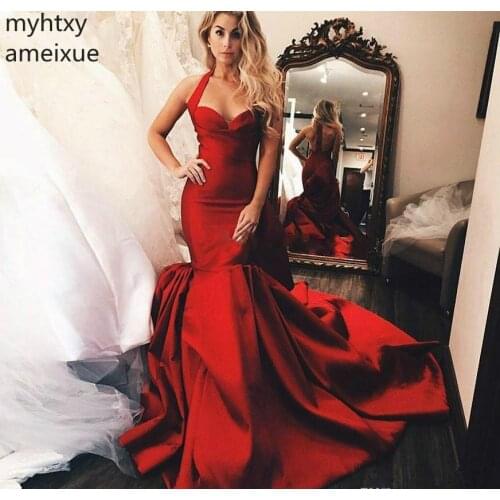 2020 Saudi Arabia Dark Red Halter Neck Sexy Cheap Evening Dresses Mermaid Sleeveless Wear Formal Party Prom Event Gown Plus Size
