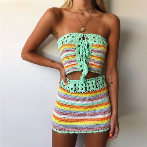 2021 New Colorful Striped Strapless Crochet Tube Crop Top and Skirt Summer Beach Women 2 Piece Set Dress Girls Bikini Beachwear