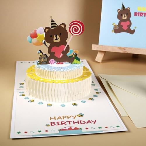 3D Pop Up Cards Birthday Cake Greeting Card With Envelope Handmade Postcards Gifts Card For Girl Bear Cute Birthday