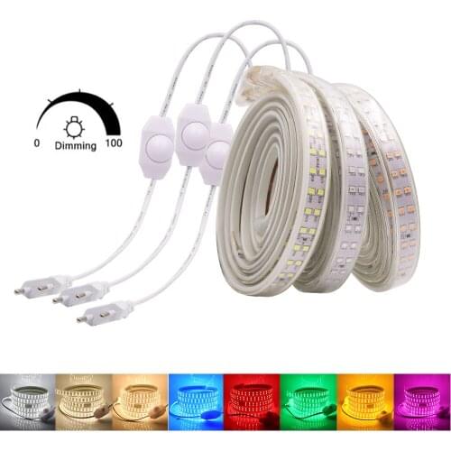 AC 220V LED Strip Light With Dimmer SMD2835 180LEDs/M High Brightness Dimmable Led Tape Light EU UK Plug Waterproof Ribbon Diode