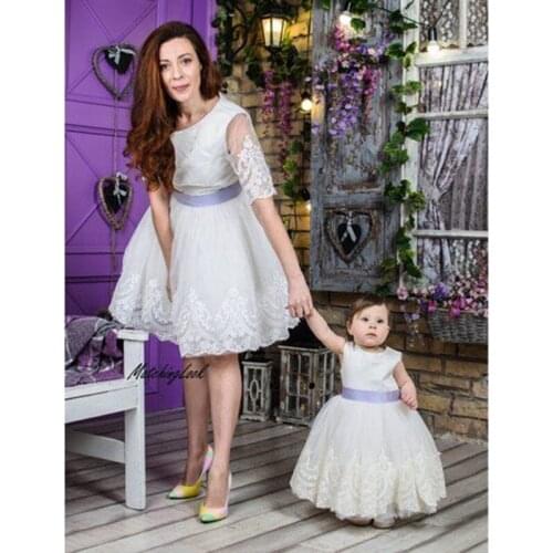 White Mother Daughter First Communion Dresses Knee Length White Mom Kids Matching White Dress For Photography Custom Made
