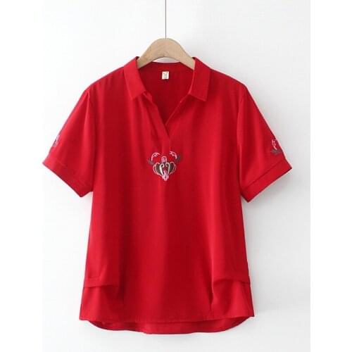 Plus Size XL-4XL Embroidery Tops Women Short Sleeve Vintage A-line Blouse Oversized Chiffon Like Blusas