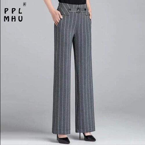 Loose Stripe Elastic High Waist Wide Leg Pants Women Plus Size Elegant Ladies Baggy Trousers Office Work Straight Leg Pants