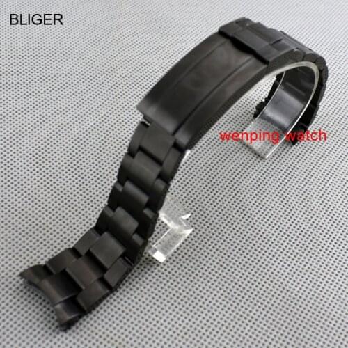 BLIGER Black 20mm 316L Solid stainless steel bracelet watch strap watch bands with Folding buckle