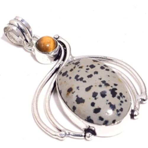 Dalmatian Jaspers + Tiger Eye Pendant Silver Overlay over Copper , 57 mm, P6908