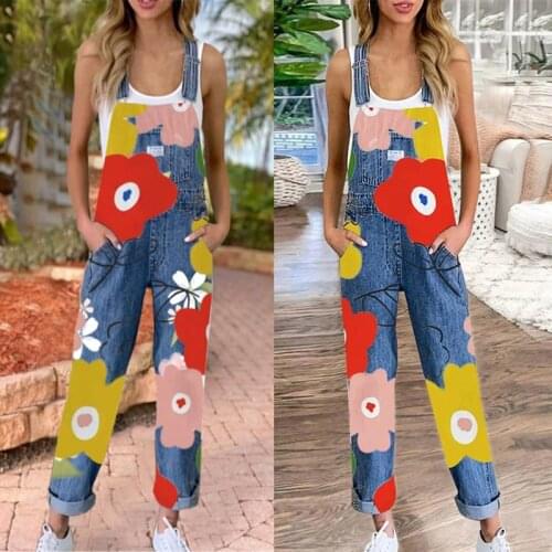 Lugentolo Jeans Overalls Women Summer Fashion Flower Print Straight Cargo Pants Women Plus Size Jeans for Women
