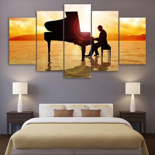 HD Printed 5 Piece Canvas Art Piano Music Sunset Beach Sea Painting Wall Pictures for Living Room Modern Free Shipping
