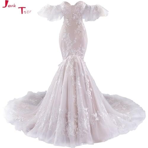 Jark Tozr New Arrive Off The Shoulder Short Sleeve Lace Up Appliques Vintage Mermaid Wedding Dresses Abiye Gece Elbisesi