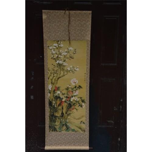 Antique Hand-painted Chinese paintings, long axis of the Qing Dynasty in China,peony&bird singing, figure,Free shipping