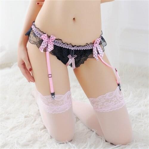 Women Lingerie Set Exotic See-Through Lace Ruffled Crotchless Artificial Pearl Massage Briefs Garter Belt Thigh High Stockings