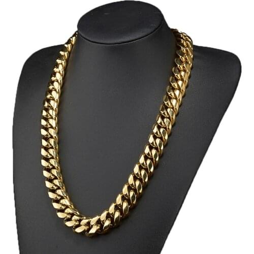 Huge Miami Cuban Curb Link Chain 16mm Width Stainless Steel Gold Tone Necklace Or Bracelet Bangle Dragon Lock Clasp 7-40"