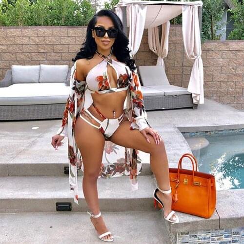 Bohemian Fashion Digital HD Print Cape Swimsuit Two-Pieces Three Pieces Set Beach Party Swimwear Dress 5186 5189