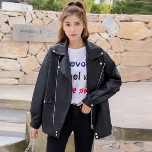 Korean Style Womens Leather Jacket Spring Autumn Loose Solid Coat Turn Down Collar Asymmetric Zipper Buttons Pockets Outerwear