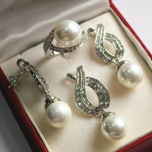 Hot! noble new jewelry silver plated 12mm white pearl pendant, earring, , ring set