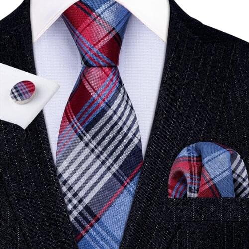 Fashion Red Blue Plaid 100% Silk Tie Gifts For Men Gifts Suit Wedding Tie Barry.Wang NeckTies Hanky Sets Business LN-5341