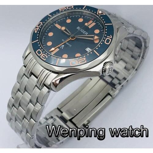 Bliger 41mm Mens Casual Luxury Automatic Watch Silver Case Sapphire Glass Ceramic Bezel Blue Dial Date Luminous Mens Top Watch