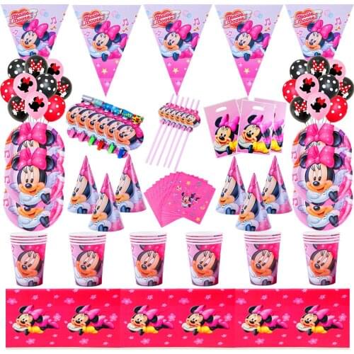 Minnie Mouse Theme Party Supplies Disposable Tableware Set Cup Plate Balloon Baby Shower Kids Birthday Girls Favorite Decoration