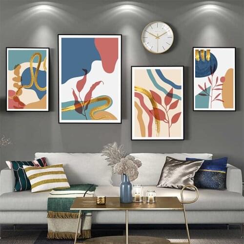 New Nordic Modern Living Room Art Abstract shape Golden line Tree Leaf Poster Canvas Painting Wall Art Picture Home Decoration