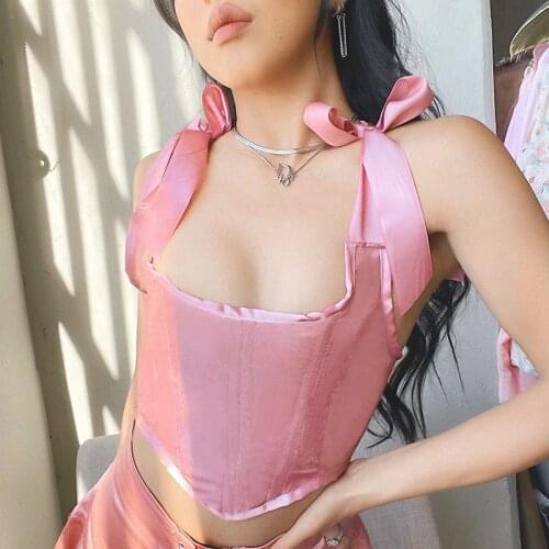 Solid Patchwork Sleeveless Backless Lace Ribbons Corset Tops Summer Women Sweety Sexy Streetwears