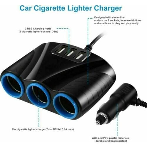 12V split car charger 3 in 1 cigarette lighter distributor power adapter dual USB charger socket suitable for iPhone iPad DVR