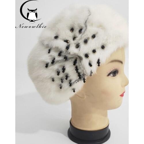 Russian Fur Hat Winter Warm Natural Mink Fur flower Hats for Women Classic Luxury Caps Earflap Christmas Hat beret hat