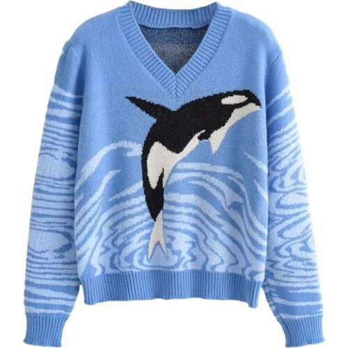 YiYiMiYu Winter Fashion Warm Sweater Women Casual Chest Before Dolphin Print V-Neck Knitted Pullover Female Long Sleeves Jumpers